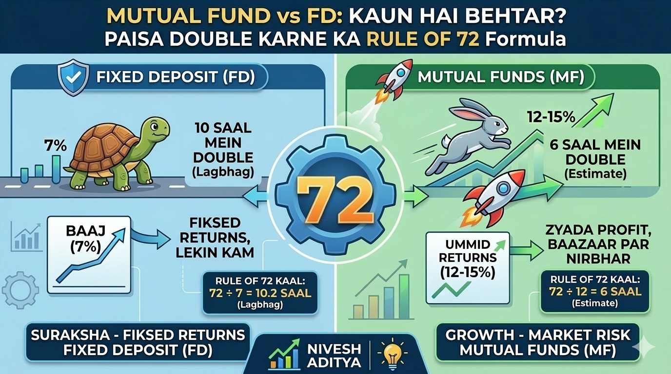 Mutual Fund vs FD comparison chart in Hindi showing Rule of 72 formula for doubling money.